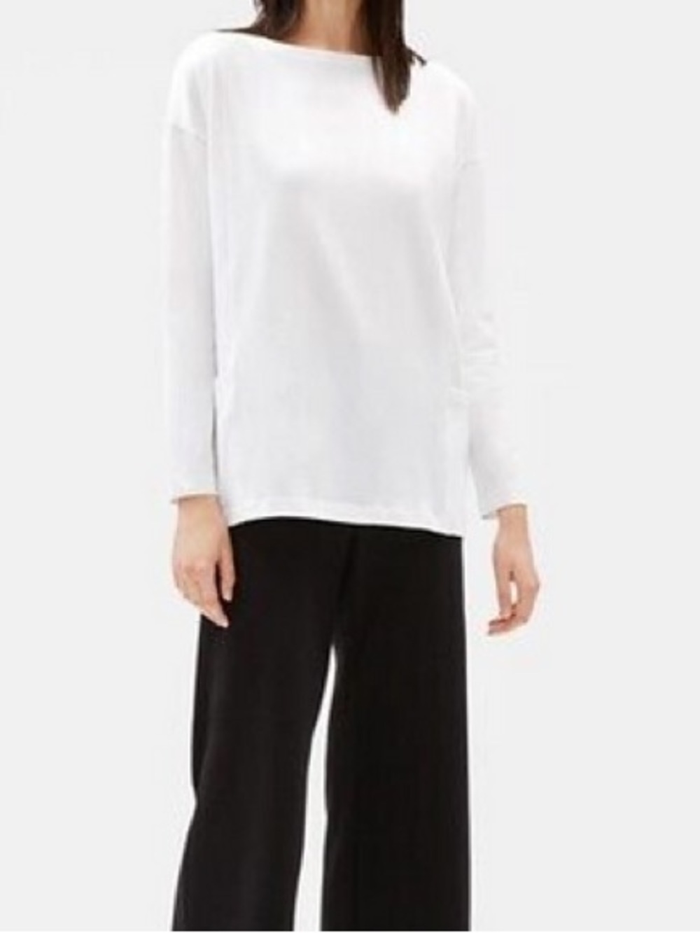 EILEEN FISHER Tunic Organic Cotton Stretch Jersey Boat Neck Off White USA Sz XS